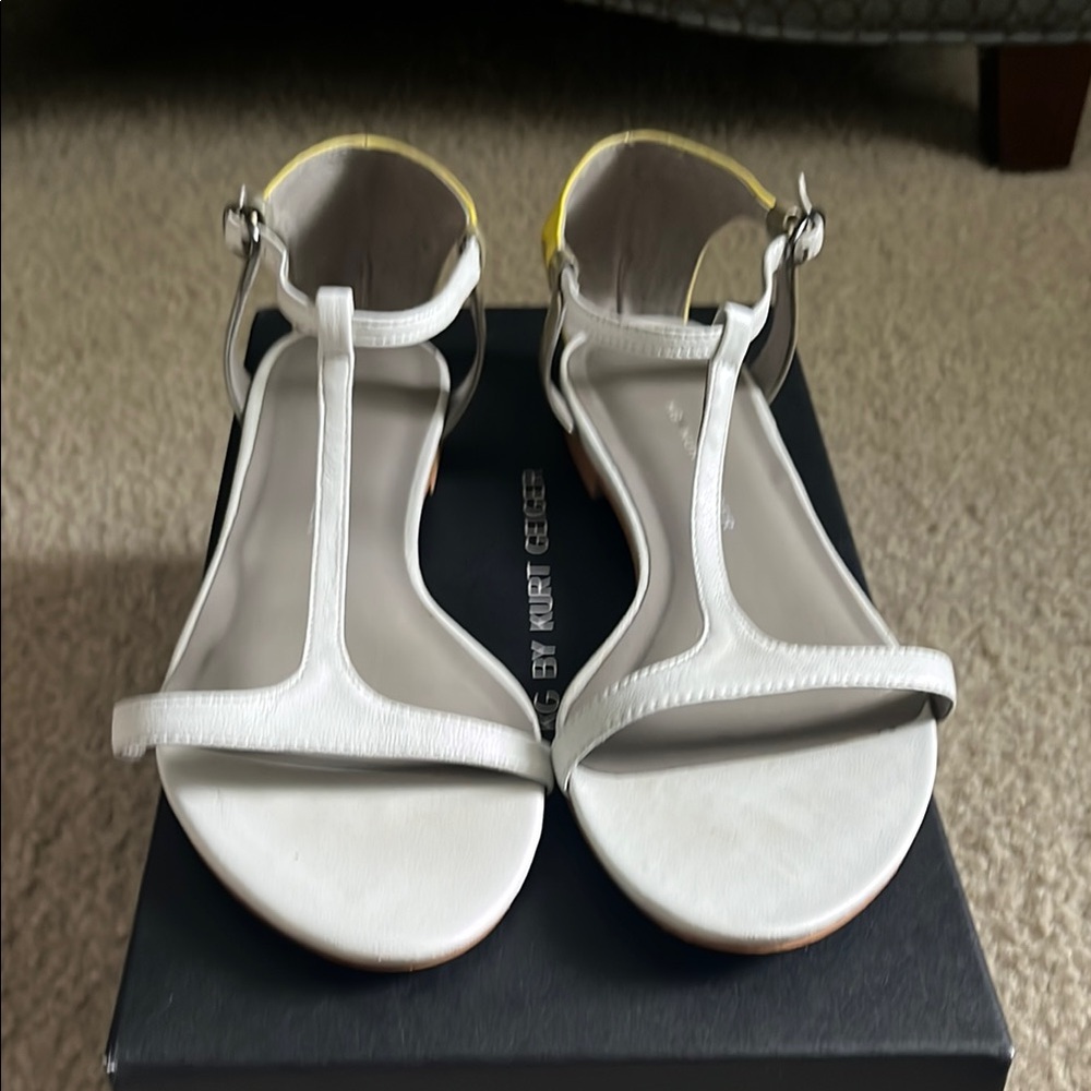 Kurt Geiger KG Myrtle Leather White and Yellow Sandals with T-Strap Design